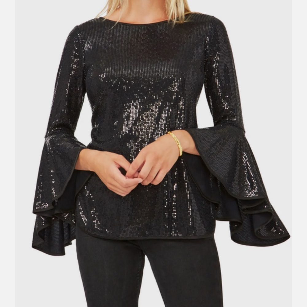 Vince Camuto Black Sequin Bell Sleeve Top